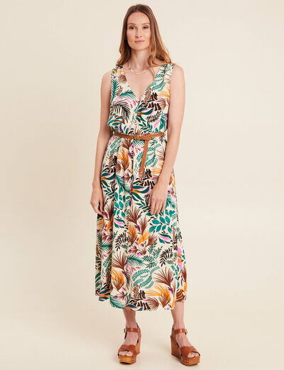 Robe midi évasée ceinturée multicolore femme