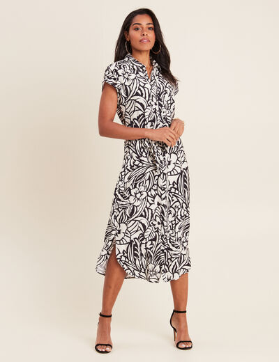 Robe chemise midi ceinturée noir femme