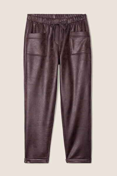 Pantalon carotte simili cuir marron foncé femme