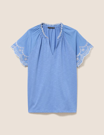 Blouse col tunisien manches courtes bleu ciel femme