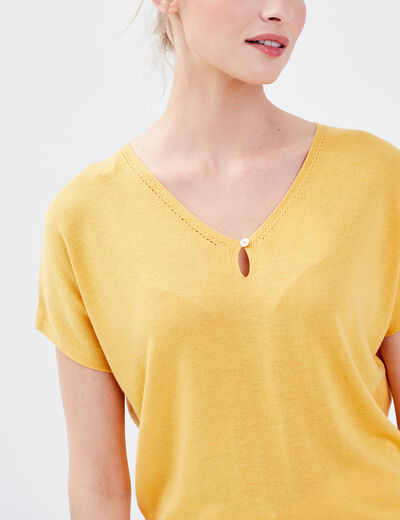 Pull manches courtes jaune moutarde femme