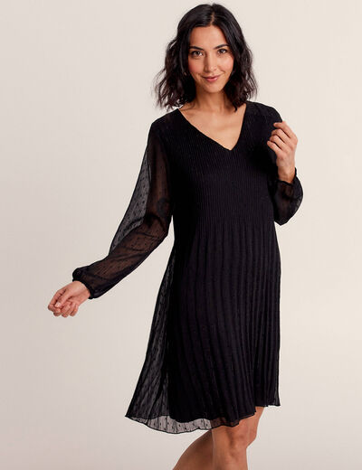 Robe évasée plissée noir femme