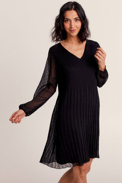 Robe évasée plissée noir femme