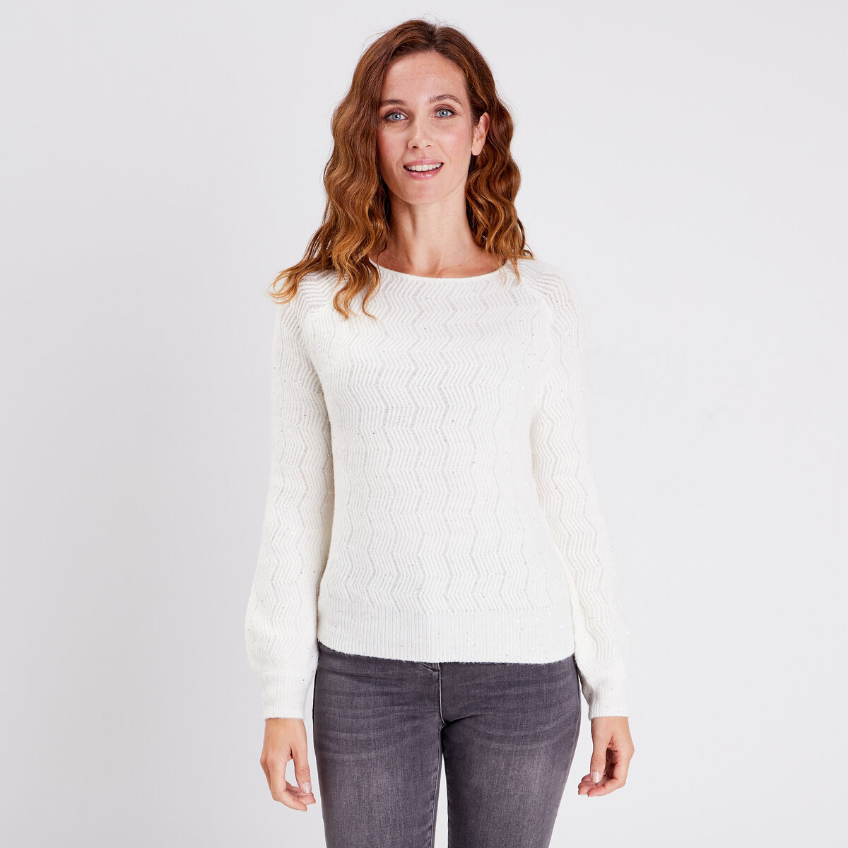 Pull manches longues à sequins ecru femme