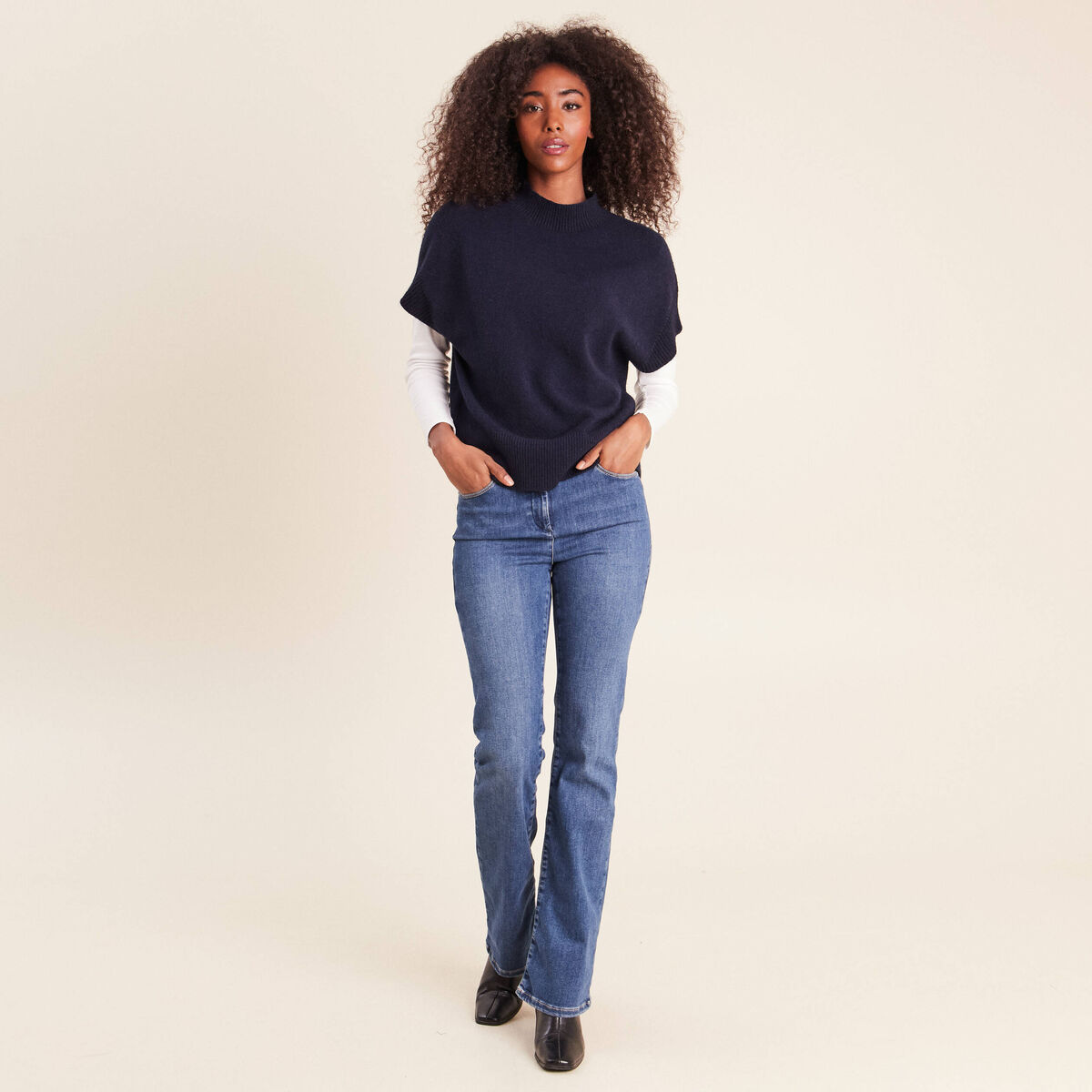 Pull col montant bleu marine femme