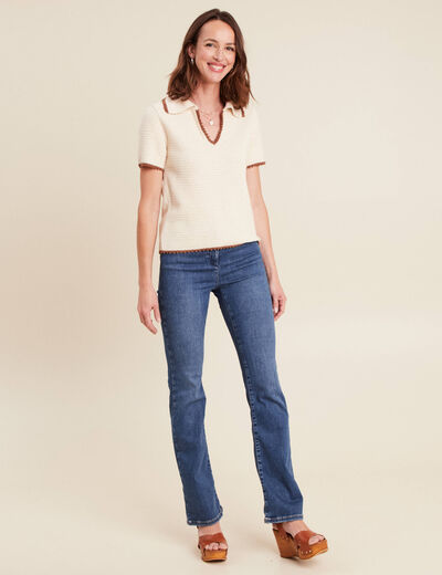 Pull col chemise manches courtes ecru femme
