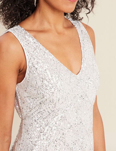 Robe longue ajustée sequins couleur argent femme