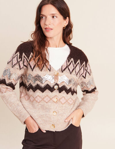 Cardigan jacquard col rond marron femme