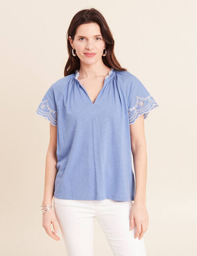 Blouse col tunisien manches courtes bleu ciel femme