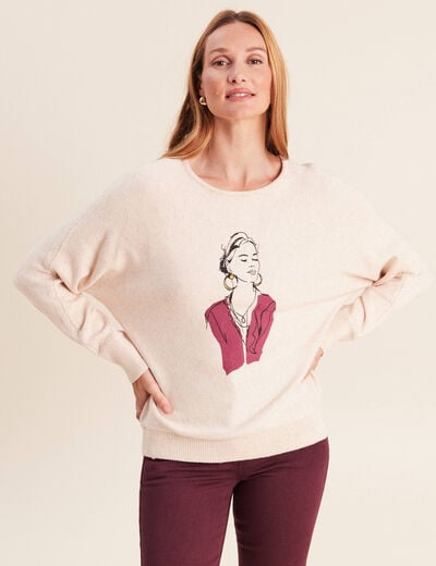 Pull col rond manches longues beige femme
