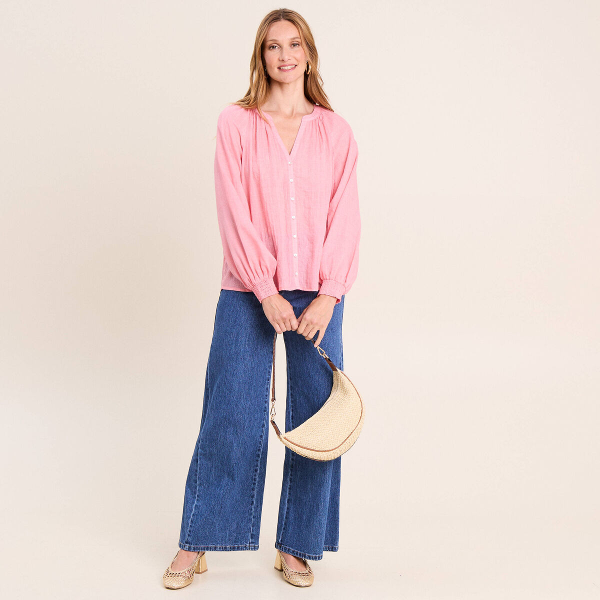 Chemise ample col v manches longues rose femme