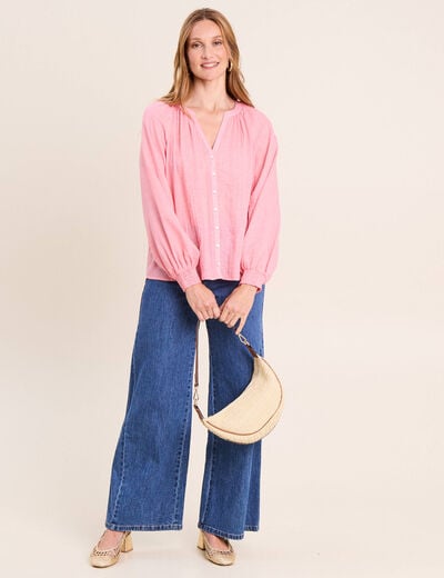 Chemise ample col v manches longues rose femme