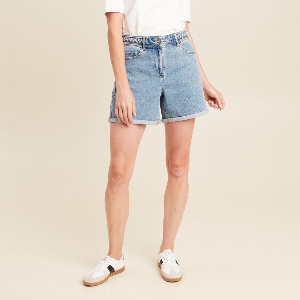 Short large taille haute en jean denim double stone femme