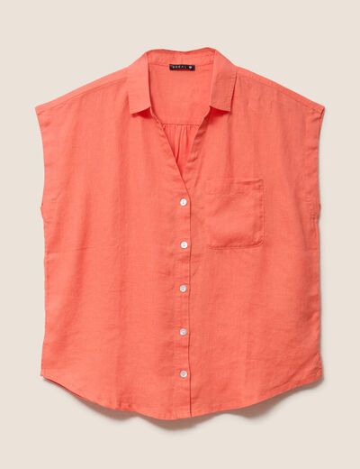 Chemise ample manches courtes aspect lin orange fluo femme