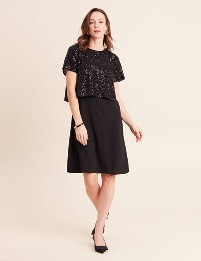 Robe courte &eacute;vas&eacute;e col rond 2 en 1 noir femme