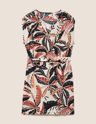 Robe droite courte col V manches courtes orange femme