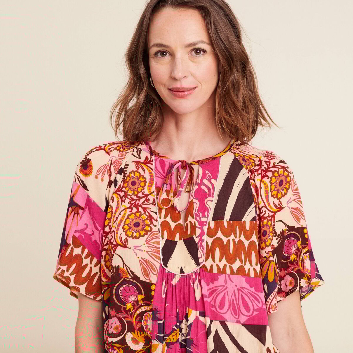 blouse ample crêpe col tunisien rose femme