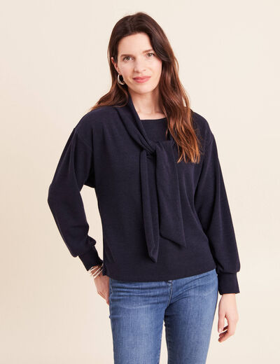 Pull col ch&acirc;le manches longues bleu marine femme