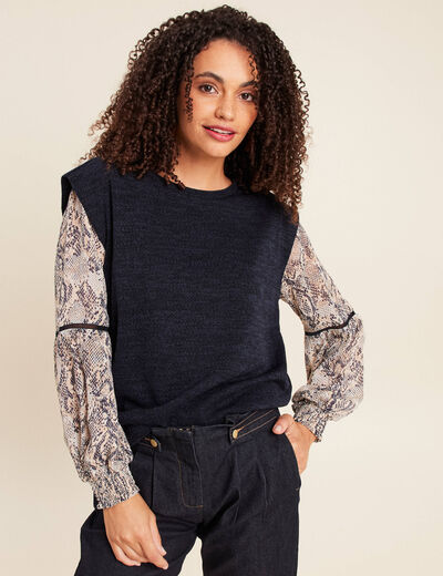 T-shirt col rond manches longues bleu marine femme