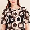 Blouse col rond manches courtes dentelle ecru femme