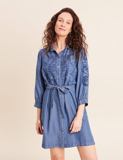 Robe courte &eacute;vas&eacute;e manches 3/4 brod&eacute;e denim double stone femme