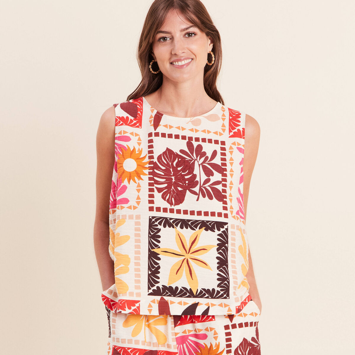 Blouse droite courte sans manches multicolore femme