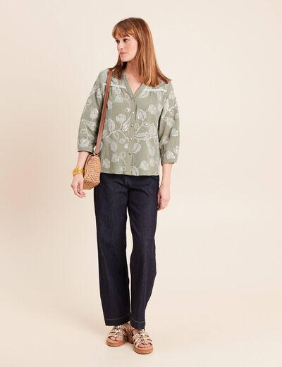 Blouse col tunisien manches 3/4 vert femme