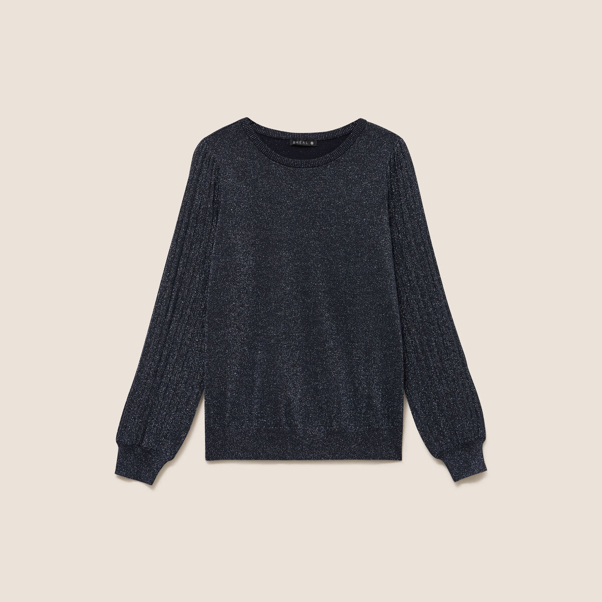 Pull cintr&eacute; col rond manches longues bleu fonc&eacute; femme