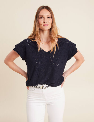 T-shirt cintré col V bleu foncé femme