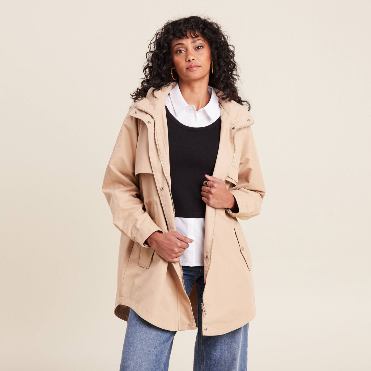 Parka d&eacute;perlante cintr&eacute;e &agrave; capuche beige femme