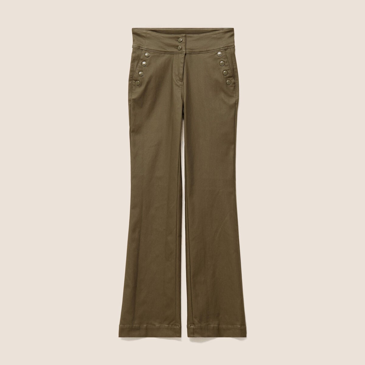 Pantalon bootcut enduit taille haute vert kaki femme