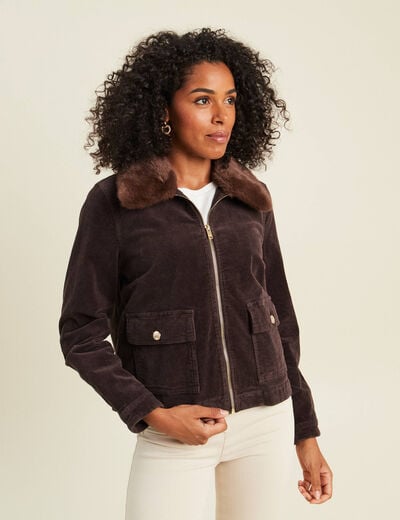 Blouson droit velours manches longues marron fonc&eacute; femme