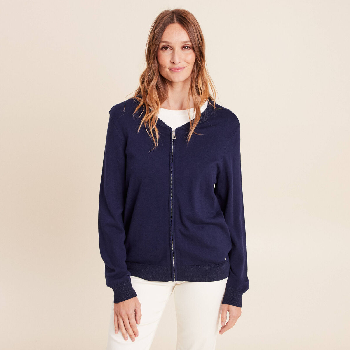 Gilet droit mi-long manches longues bleu marine femme