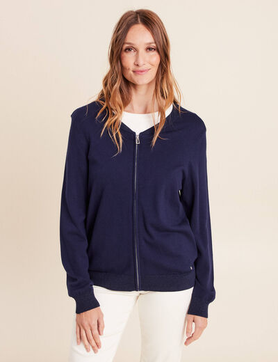 Gilet droit mi-long manches longues bleu marine femme