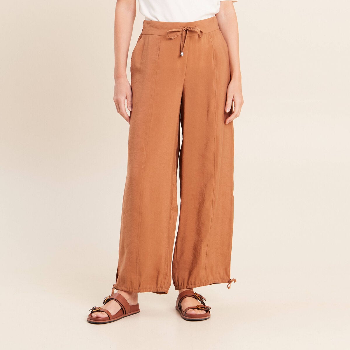 Pantalon taille haute 7/8&egrave;me resserr&eacute; beige femme