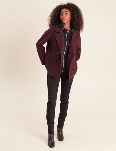 Caban doubl&eacute; avec capuche bordeaux femme