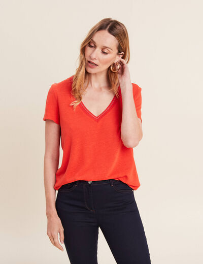 T-shirt manches courtes col en V orange femme