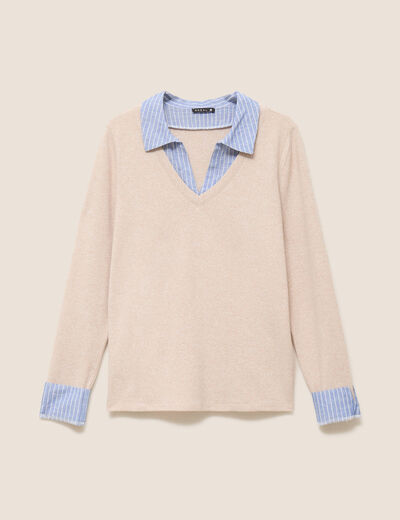 T-shirt effet 2 en 1 col chemise creme femme