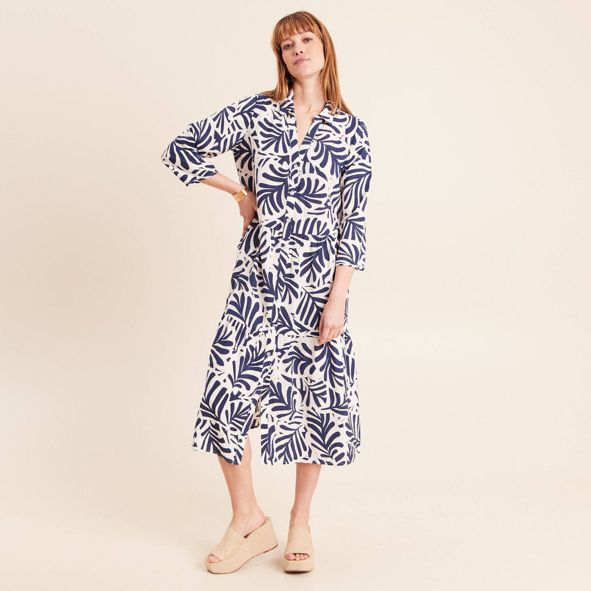 Robe fluide col am&eacute;ricain manches 3/4 blanc femme