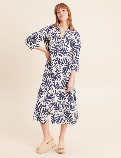 Robe fluide col am&eacute;ricain manches 3/4 blanc femme