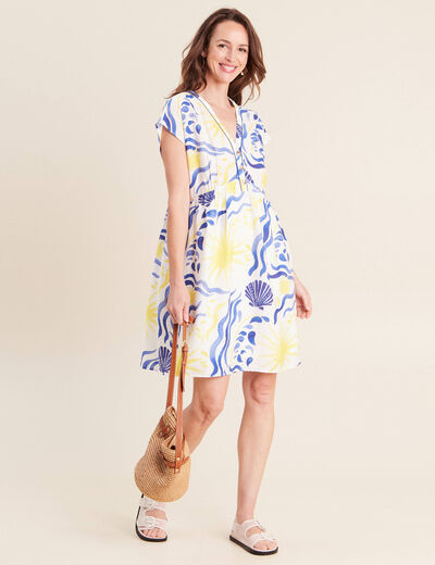 Robe courte &eacute;vas&eacute;e col v manches courtes bleu femme