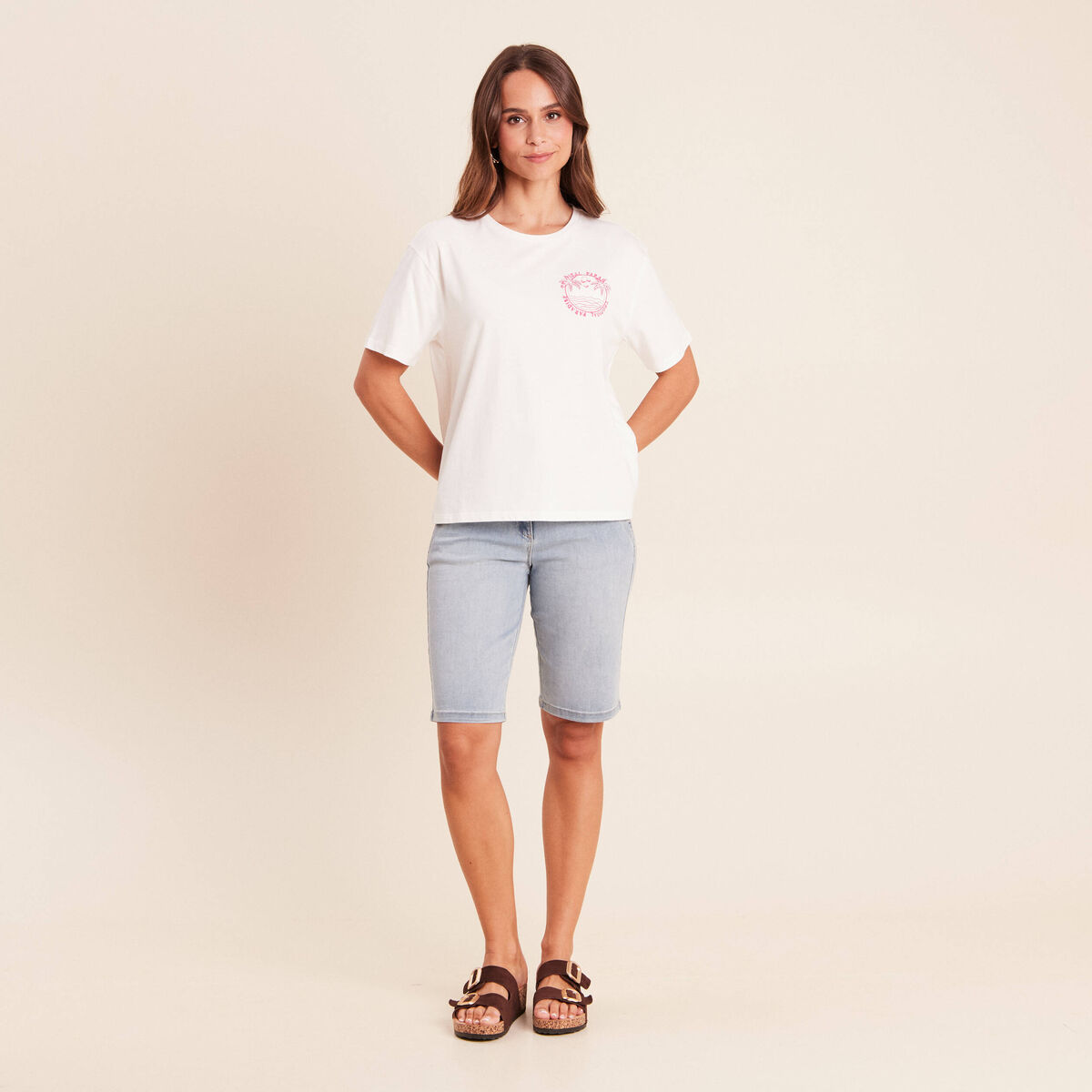T-shirt broderie manches courtes ecru femme