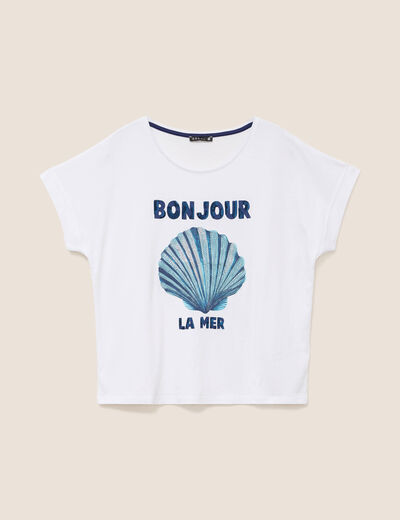 T-shirt col rond manches courtes brod&eacute; blanc femme