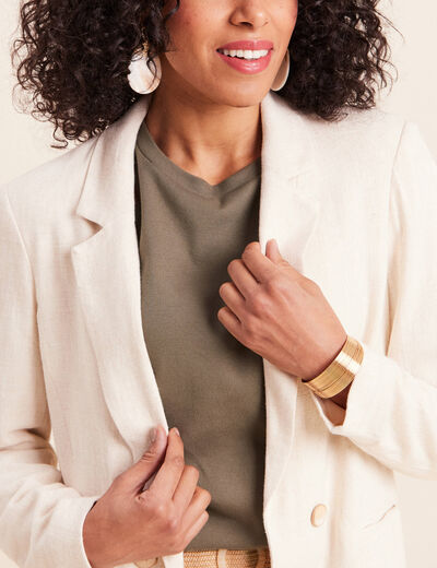 Blazer droit long manches 3/4 doubl&eacute; beige femme