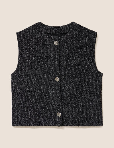 Gilet tweed droit court sans manches noir femme