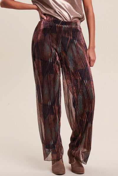 Pantalon large fils métallisés couleur cuivre femme