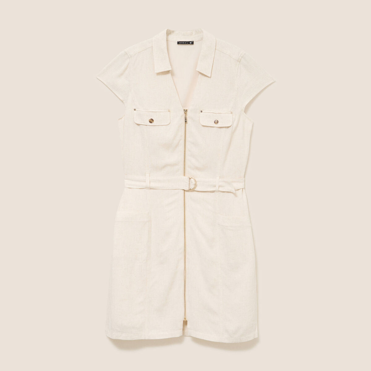 Robe droite courte col chemise beige femme