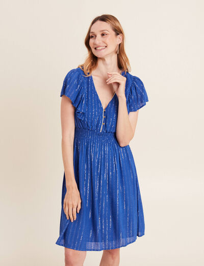 Robe droite fluide smockée bleu electrique femme
