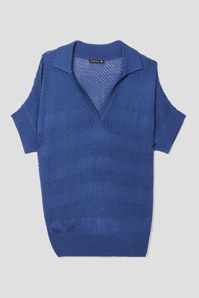Pull manches courtes col polo bleu electrique femme