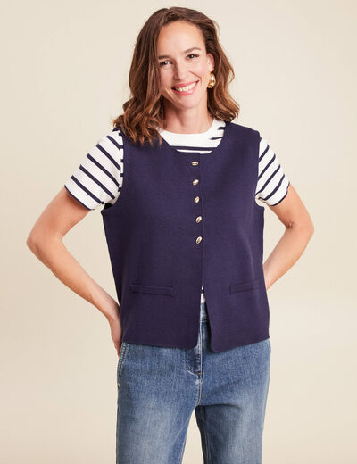 gilet droit court sans manches col rond bleu marine femme